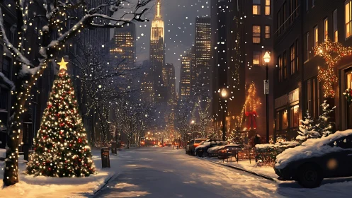 Cozy city street glowing with Christmas lights and snowfall.
