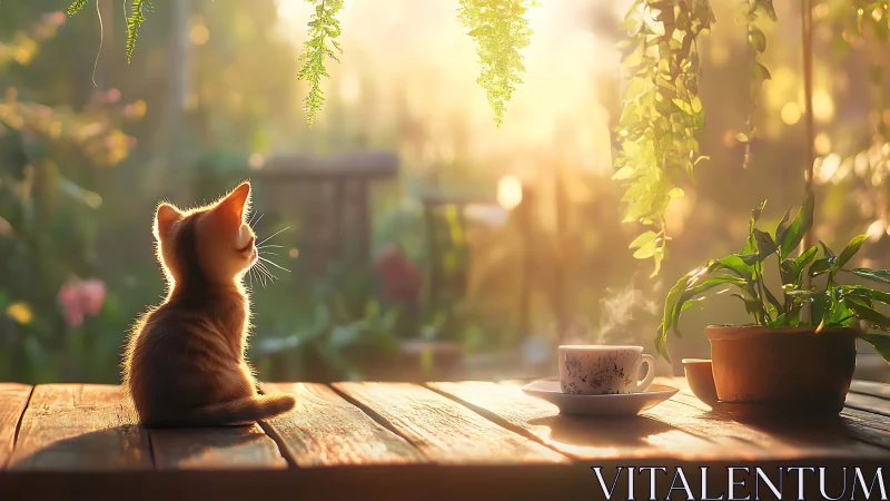 Kitten Gazes at Garden in Warm Sunrise Light.