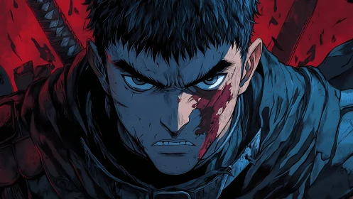 Battle-hardened swordsman portrait in high-contrast anime ink.