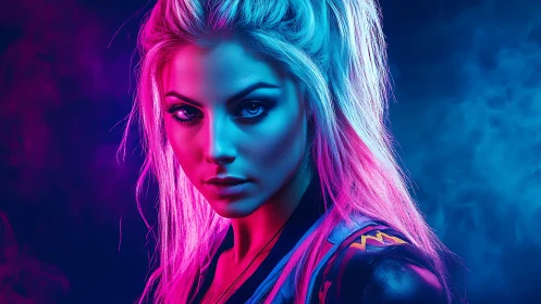 Neon-lit cyberpunk portrait showcases intense female gaze.