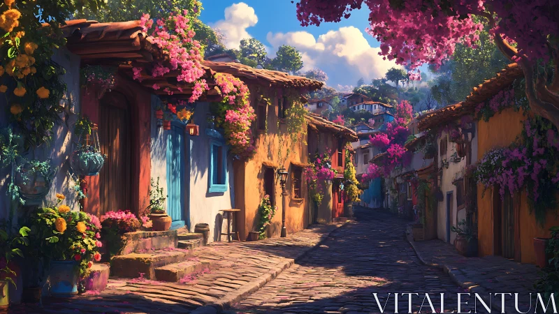 Flowered cobblestone village street curves uphill in sunlight