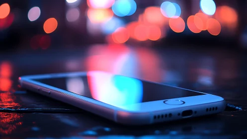 Smartphone on wet surface reflects neon bokeh city lights
