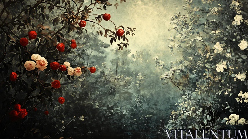 Crimson Blooms Dance Through Misty Woodland Garden Reverie