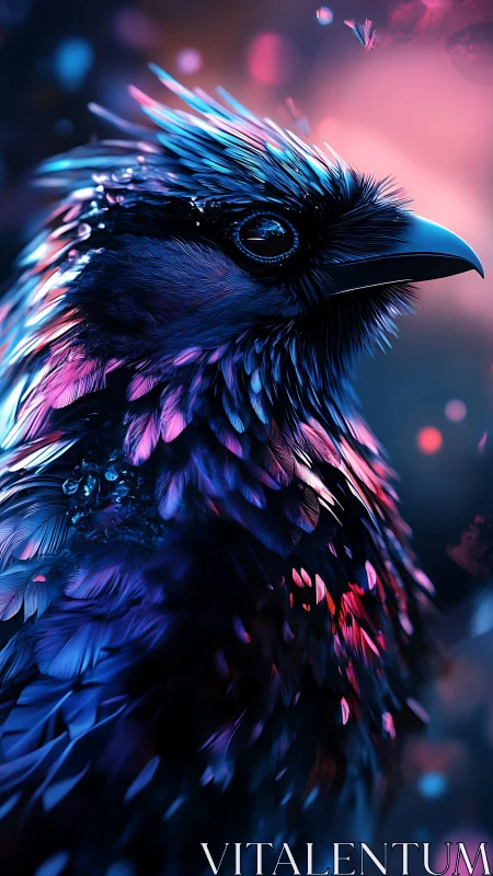 Iridescent cyber avian portrait in neon bokeh glow.