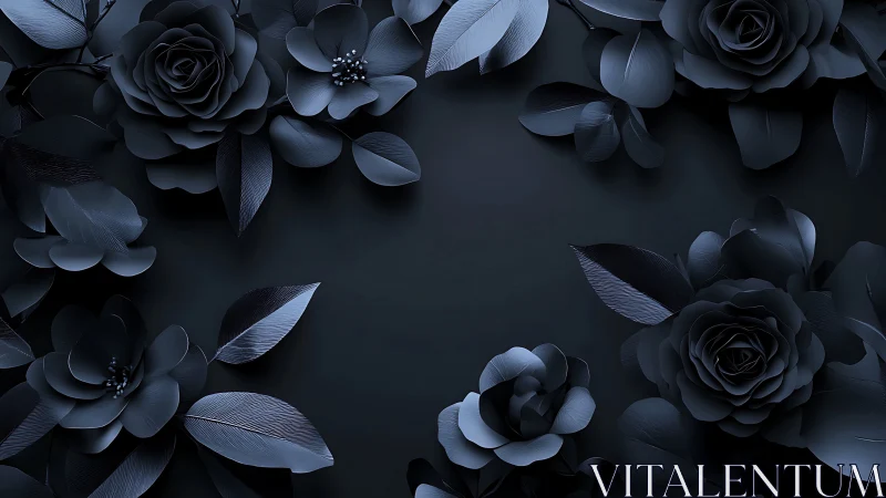 Monochromatic Floral Composition: Layered Black Roses and Petals on Obsidian Surface.