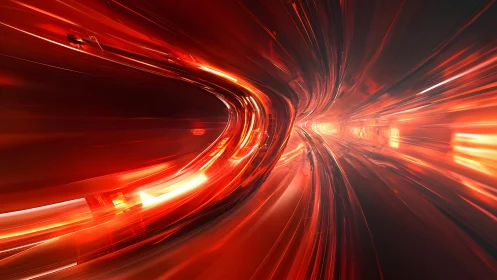 Futuristic red light tunnel with motion blur digital art style.