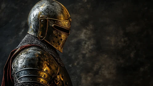 Golden armored knight waits in shadowed medieval silence