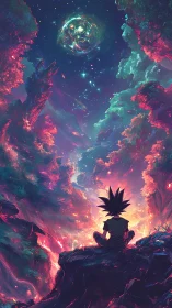 Child watches cosmic vortex above glowing fantasy valley