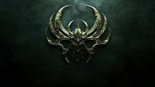 Metallic horned emblem is centered on dark textured field