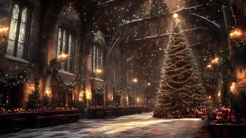 Cathedral hall glows around towering, spellbound Christmas tree.