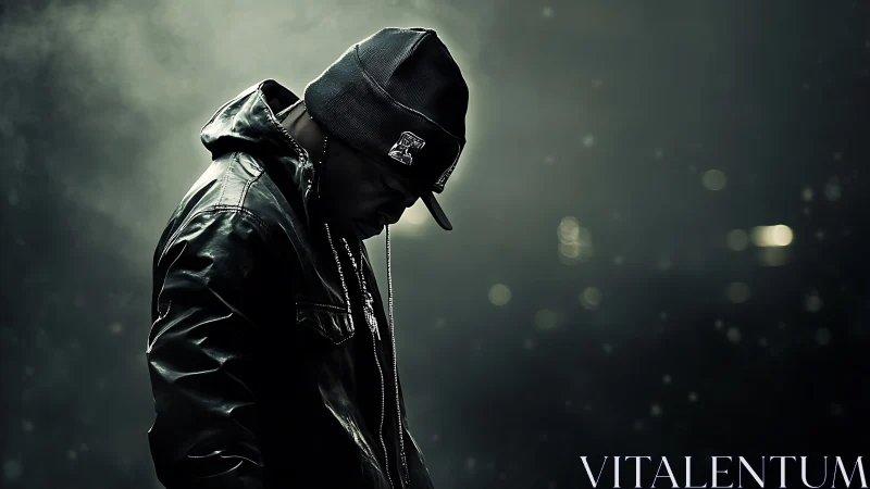 Hooded street figure stands in moody cinematic backlight haze