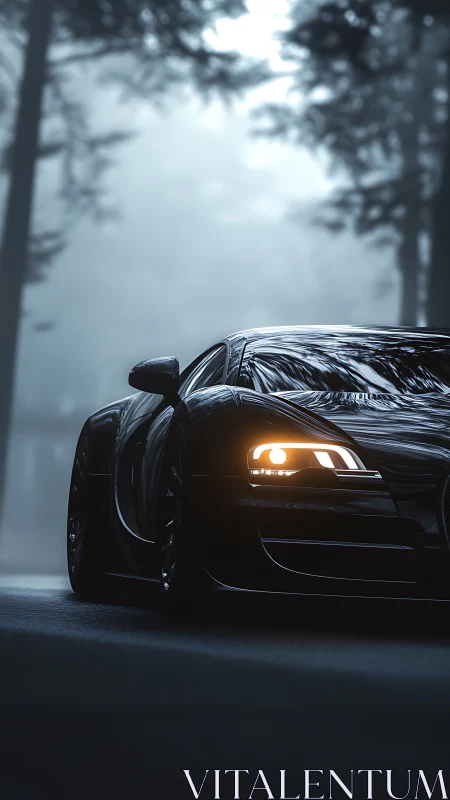 Midnight supercar prowls through mist-veiled forest road.