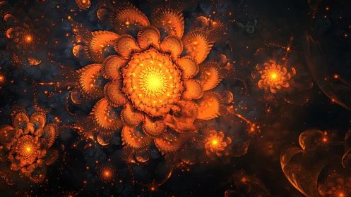 Fractal orange nebula blooms radiate within deep cosmic void