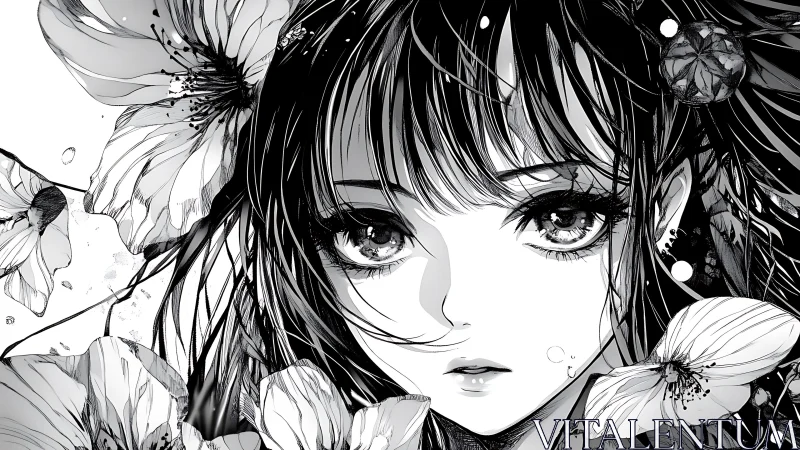Monochrome anime girl gazes through blooming flowers quietly.