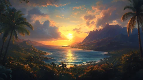 Sunlit tropical bay glowing with gentle evening warmth.