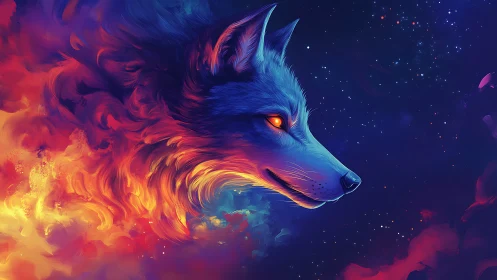 Digital wolf profile in multicolored cosmic nebula field.