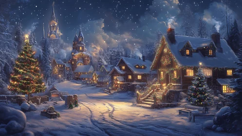 Snowy Christmas village with glowing cottages at night.