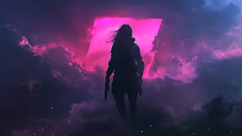 Neon portal drifter walks the storm-lit cyberclouds.