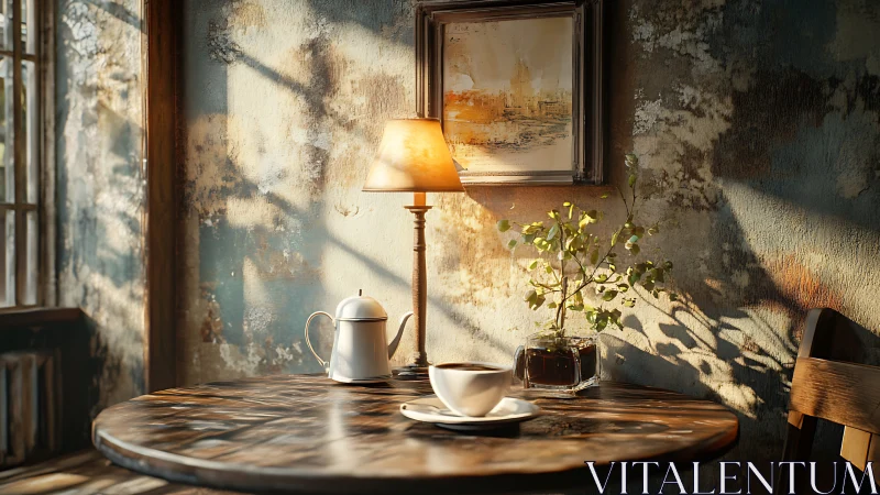 Rendered interior scene shows table, lamp and coffee service