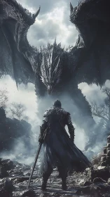 Solitary armored figure confronting large winged dragon form.