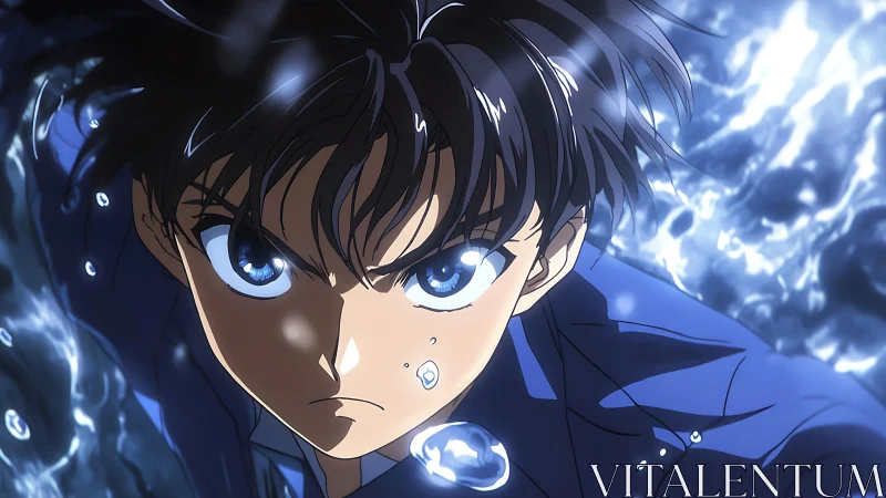Determined anime boy underwater with intense blue gaze.