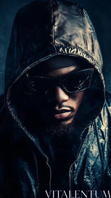 Hooded figure in dramatic low-key lighting with reflective jacket