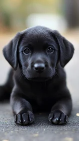 Photorealistic portrait of black Labrador puppy in shallow focus.