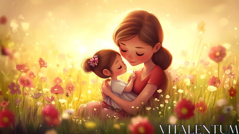 Mother and child embrace in flower field at golden hour.