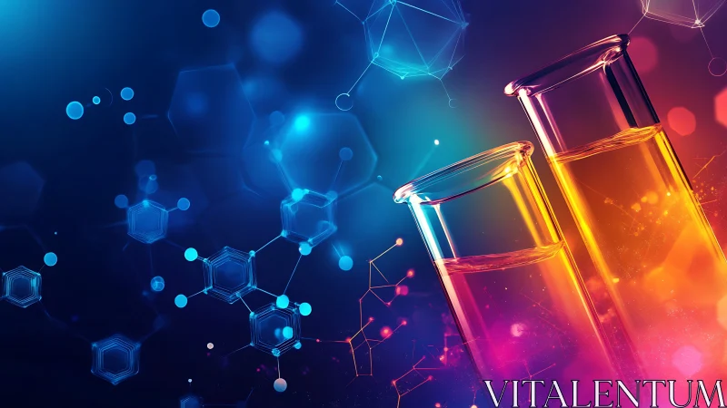Laboratory glassware with molecular network background.