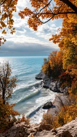 Coastal shoreline with autumn trees and rocky beach view.