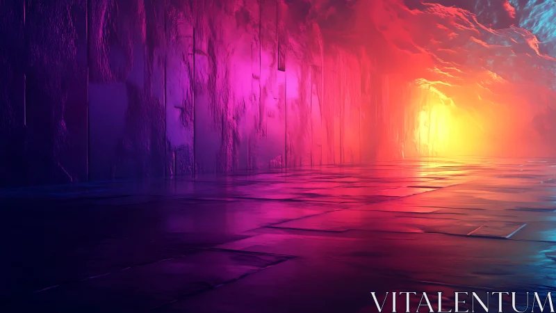 Digital painting corridor in neon gradient molten cavern space.