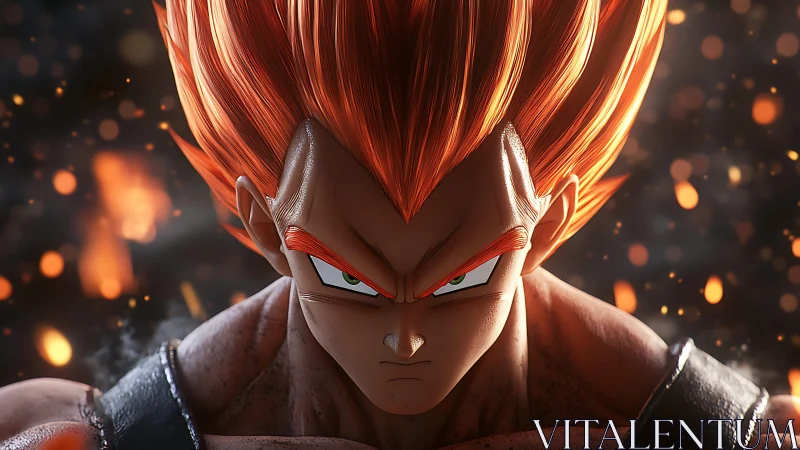 Close frontal render depicts stylized warrior with vivid hair