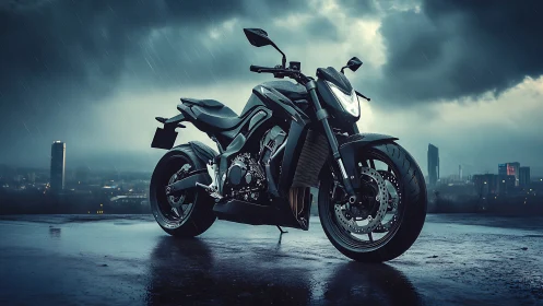 Sleek black motorcycle waiting under a moody stormy sky.
