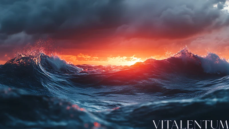 Stormy ocean waves under intense red sunset sky.