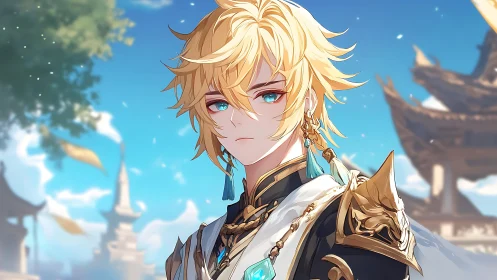 Blond fantasy warrior rendered with ornate armor and soft lighting