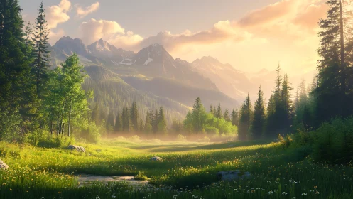 Sunlit alpine valley with misty pines and distant peaks.