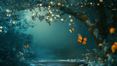 Butterflies move through a stylized forest stream environment