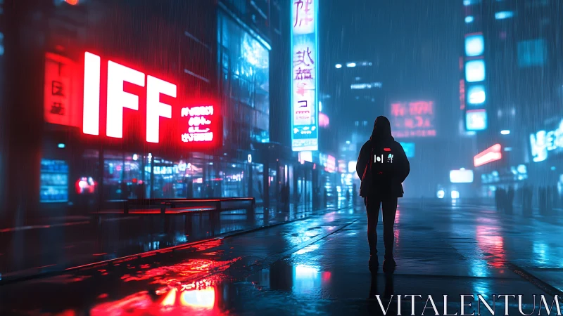 Cyberpunk loner walks through neon city in heavy rain.