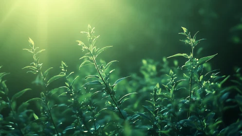 Lush green plants in soft morning sunlight, dreamy nature scene.