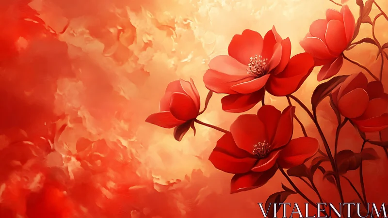 Luminous red flowers bloom in golden light.