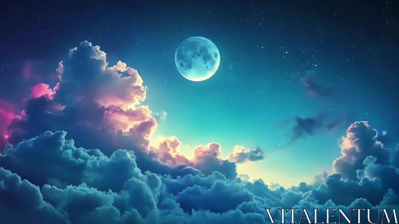 Luminous moon above neon twilight clouds and stars.