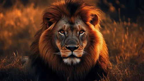 High-contrast frontal lion portrait under warm rim lighting conditions