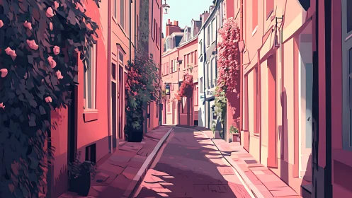 Sunlit pastel alleyway with flowering facades at noon.