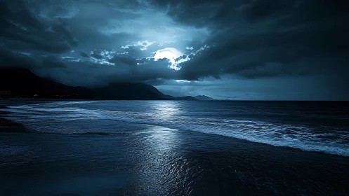 Moonlit shoreline under storm clouds with high-contrast blue toning