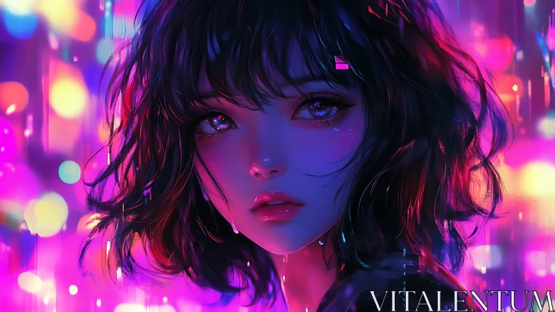 Neon lit anime girl portrait with vivid city lights.