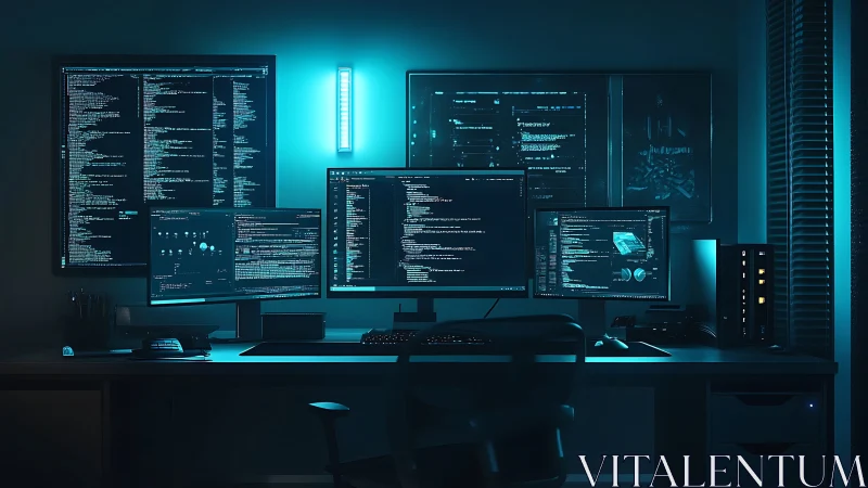 Midnight coder’s blue-lit command center in quiet focus.