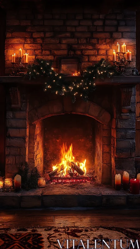 Candlelit stone hearth lets winter hush outside the warm glow