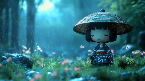 Serene chibi girl in rain-soaked forest clearing at dusk.