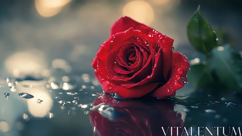 Crimson Rose with Water Droplets in Soft Bokeh Light.