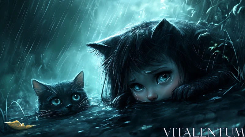 Ethereal Figure and Black Cat in Stylized Rainstorm
